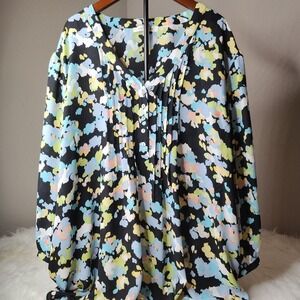 Rose & Olive Top Women's Long Sleeves Pin Tuck Black Multicolor Sz 3X Floral